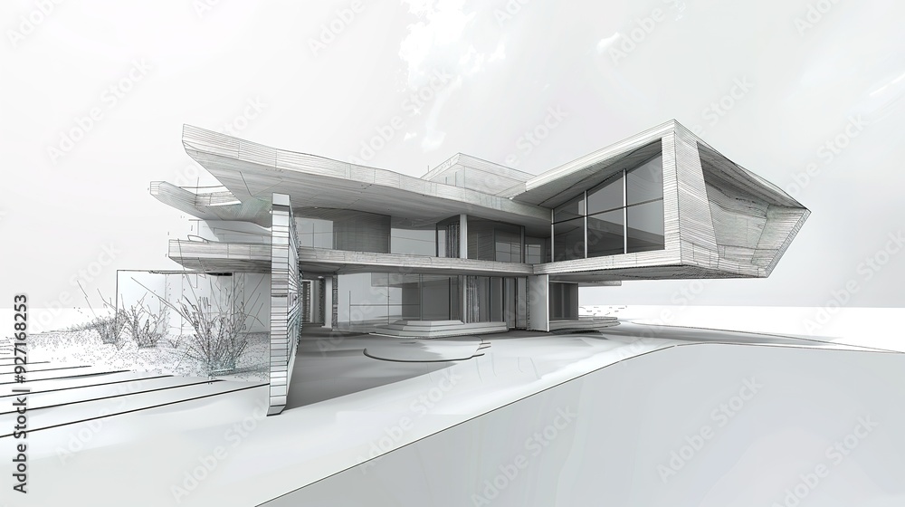 Architectural sketch of a modern house with large windows. Architectural sketch of a modern house with large windows.