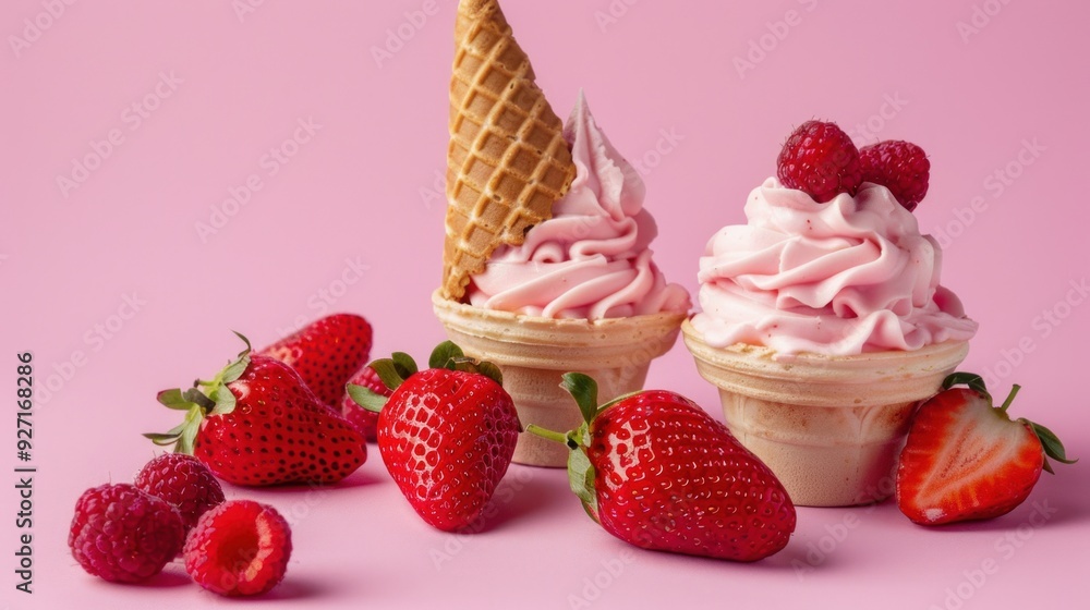 Strawberry cream with cone on on pink background Strawberry cream with cone on on pink background