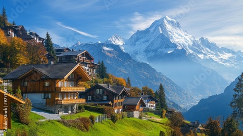 Mountain Village Serenity: Chalets, Snow-Capped Peaks, and a Clear Sky