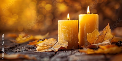 Rustic fall setting with autumn leaves, candles, and warm colors, creating a cozy and inviting atmosphere