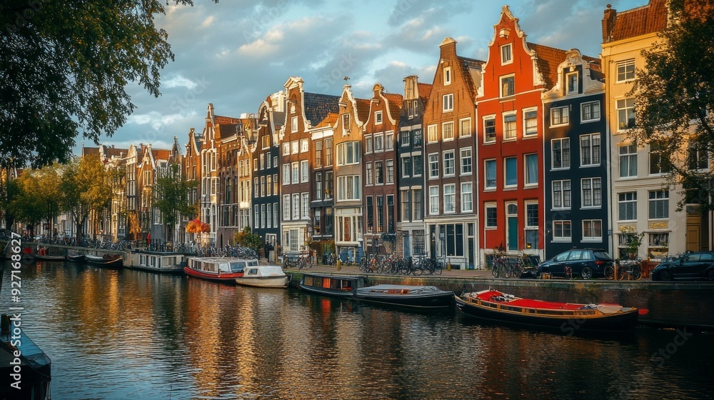 Obraz premium Vibrant Houses Line a Tranquil Canal: A Dutch Delight