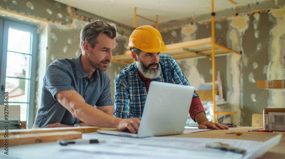 Mid adult man and construction worker using laptop while analyzing blueprints at renovating home Mid adult man and construction worker using laptop while analyzing blueprints at renovating home
