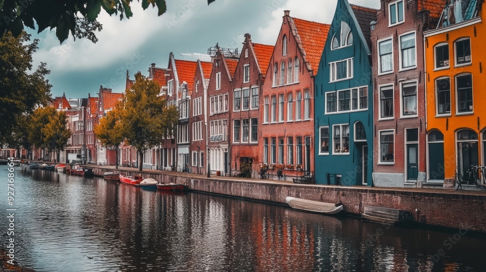 Fototapeta premium Vibrant Canalside Homes: A Picturesque Row of Colorful Houses