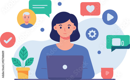 A woman engages in online communication, with chat bubbles and a plant enhancing the workspace ambiance.