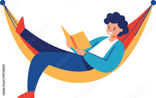 A relaxed individual enjoys reading a book in a colorful hammock on a sunny day.