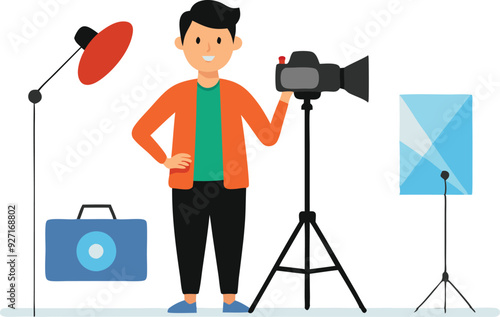 A photographer stands confidently next to a camera on a tripod in a well-equipped studio.