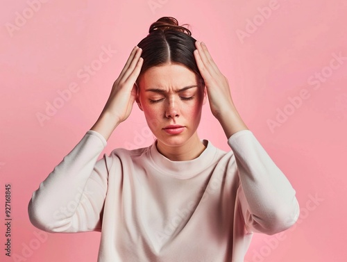 Young woman holding her head having headache and depression after hard day.Macro.AI Generative.