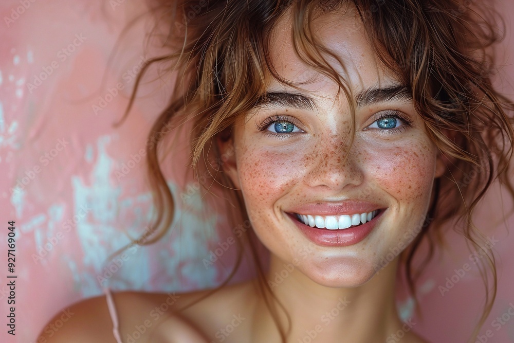 Young happy beautiful woman on pink wall background on sunny summer day.Macro.AI Generative. Young happy beautiful woman on pink wall background on sunny summer day.Macro.AI Generative.