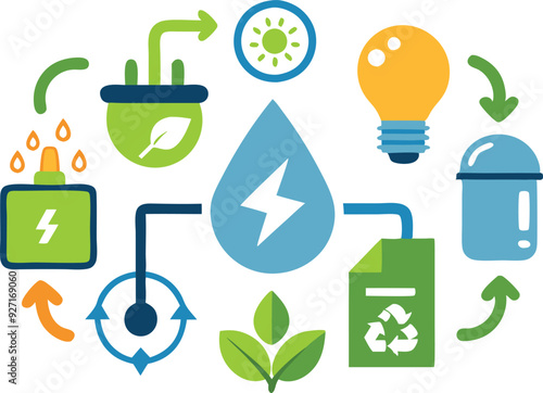 Illustration depicts various renewable energy symbols including water, electricity, recycling, and natural resources.