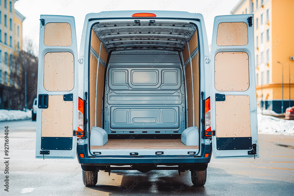 Naklejka premium Rear doors of a white van open empty truck visible