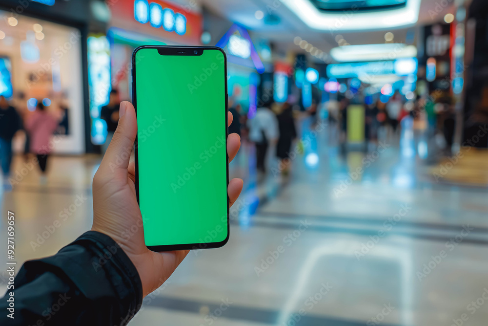 custom made wallpaper toronto digitalShopper using a green screen smartphone in a mall.