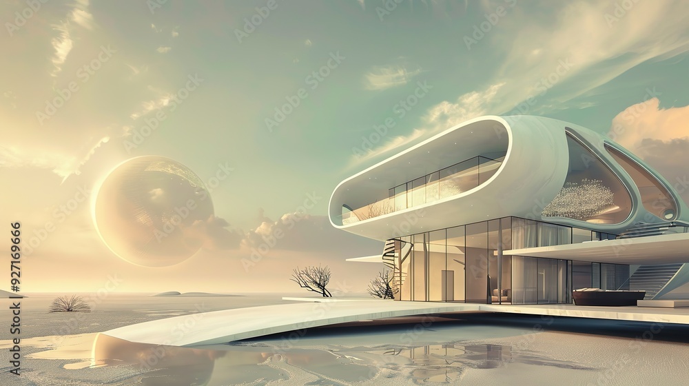 Futuristic home with curved design, large windows and a view of a distant planet. Futuristic home with curved design, large windows and a view of a distant planet.