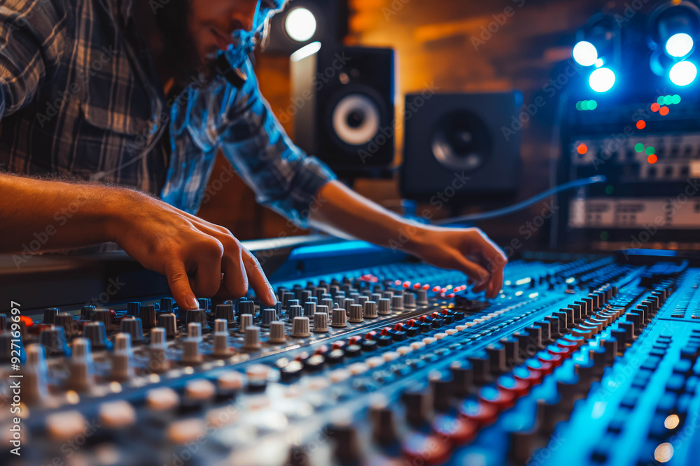 Sound engineer mixing audio tracks in a high-tech recording studio. Sound engineer mixing audio tracks in a high-tech recording studio.