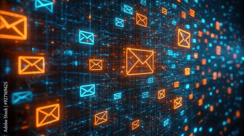 Impressive digital background with mail icons and data in blue, orange, and red colors. Cyber security concept