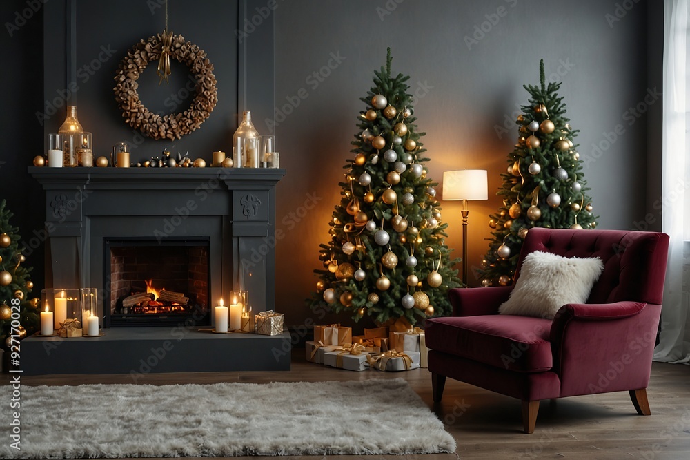 Stylish room interior with beautiful Christmas tree and decorative fireplace Stylish room interior with beautiful Christmas tree and decorative fireplace