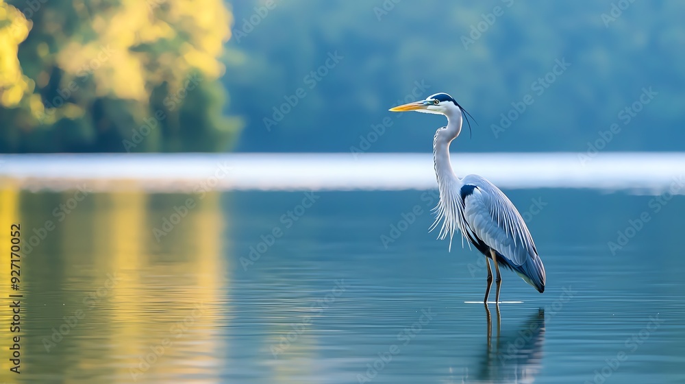 Obraz premium A majestic heron stands gracefully in calm waters, surrounded by lush greenery, capturing the tranquility of nature.