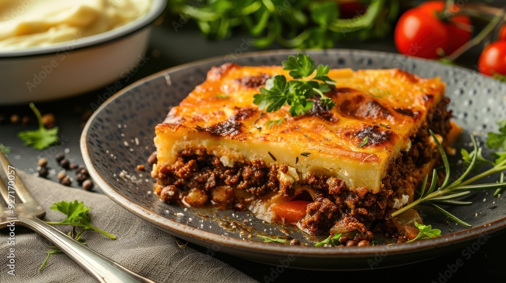 A plate of baked beef and potato casserole sits on a dark surface, ready to be enjoyed. The casserole is golden brown and topped with fresh parsley. There are a few sprigs of rosemary and peppercorns A plate of baked beef and potato casserole sits on a dark surface, ready to be enjoyed. The casserole is golden brown and topped with fresh parsley. There are a few sprigs of rosemary and peppercorns