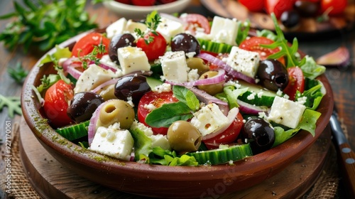 A bowl of fresh Greek salad is filled with ingredients such as feta cheese, tomatoes, olives, cucumbers, and red onions. The salad is served in a brown bowl on a wooden table.