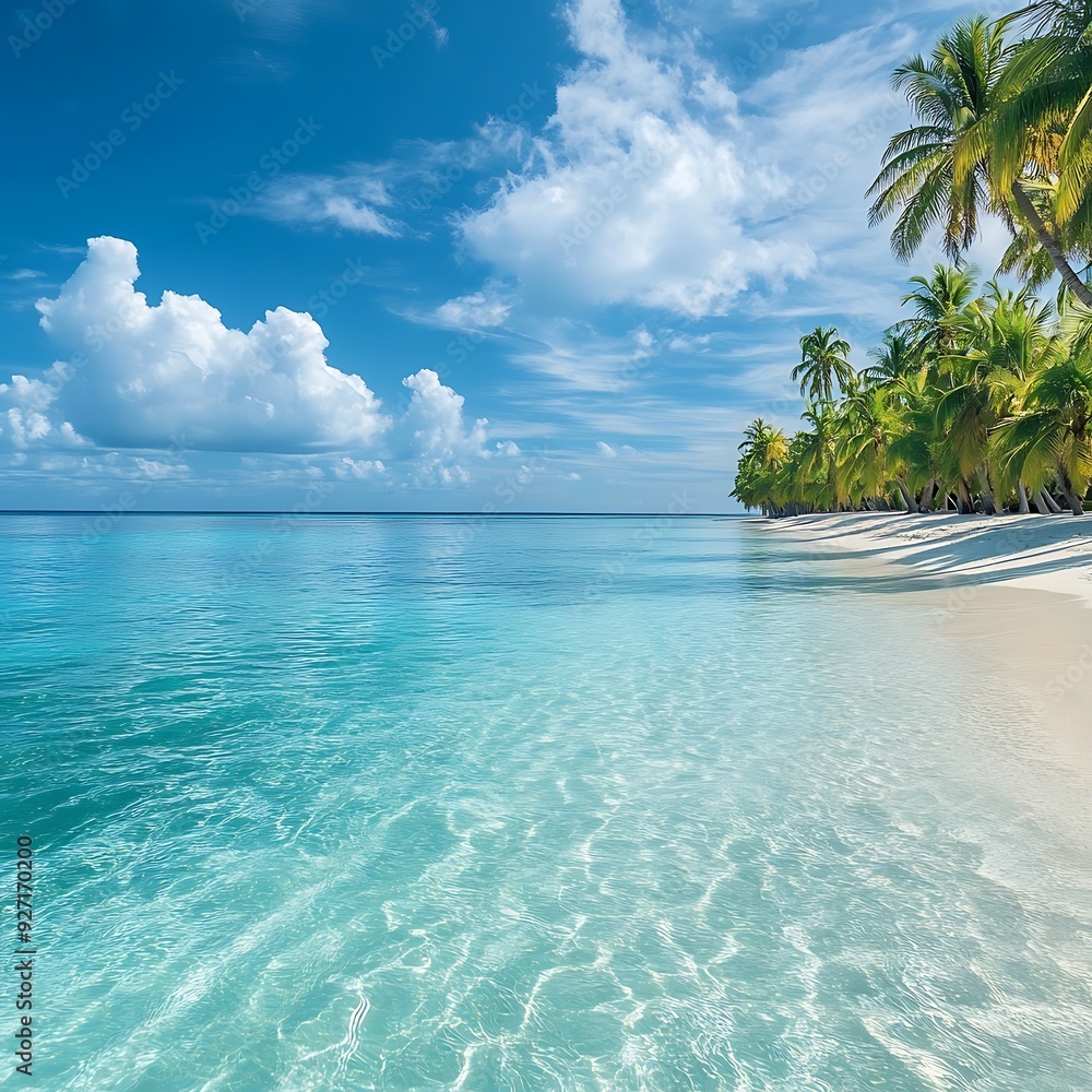 Fototapeta premium A peaceful beach with crystal clear waters and palm trees