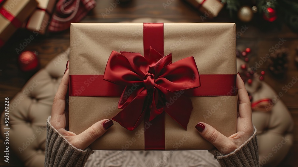 A luxury gift box with a red ribbon bow held in a woman�s hands, viewed from above with copy space. A luxury gift box with a red ribbon bow held in a woman�s hands, viewed from above with copy space.