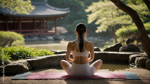 A woman in sportswear is meditating in an outdoor Zen garden, with a pagoda in the background, creating a peaceful and serene atmosphere.