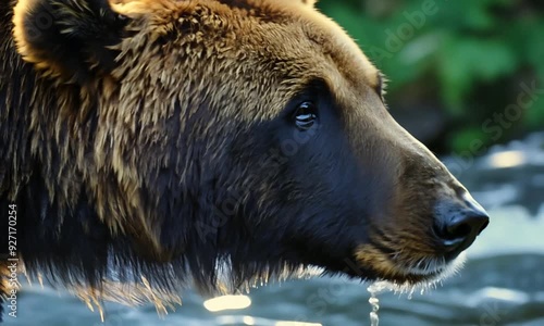 Wallpaper Mural Detailed close-up of a brown bear standing in a river, with the texture of its fur clearly visible and its intense, focused gaze. Torontodigital.ca