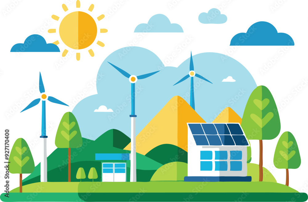 A serene landscape showcasing wind turbines and solar panels surrounded by trees and mountains A serene landscape showcasing wind turbines and solar panels surrounded by trees and mountains