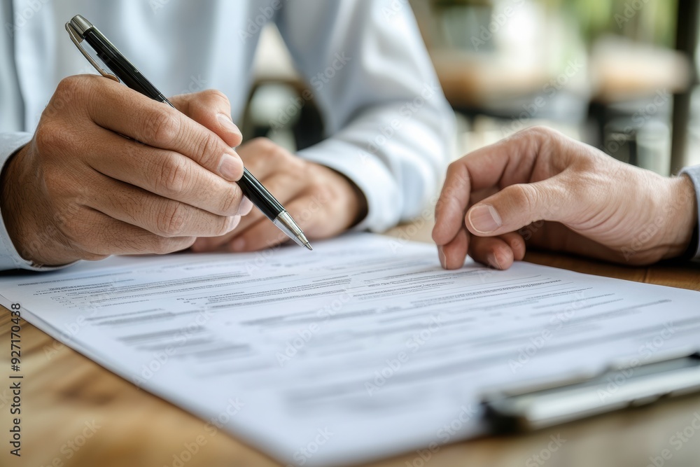 A close-up shot of hands holding a pen while reviewing and signing documents, symbolizing business agreements, legal contracts, and decision-making. A close-up shot of hands holding a pen while reviewing and signing documents, symbolizing business agreements, legal contracts, and decision-making.