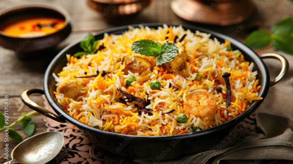 A close-up shot of a serving dish filled with steaming shrimp biryani. The dish features fluffy basmati rice, tender shrimp, colorful vegetables, and aromatic spices. A close-up shot of a serving dish filled with steaming shrimp biryani. The dish features fluffy basmati rice, tender shrimp, colorful vegetables, and aromatic spices.