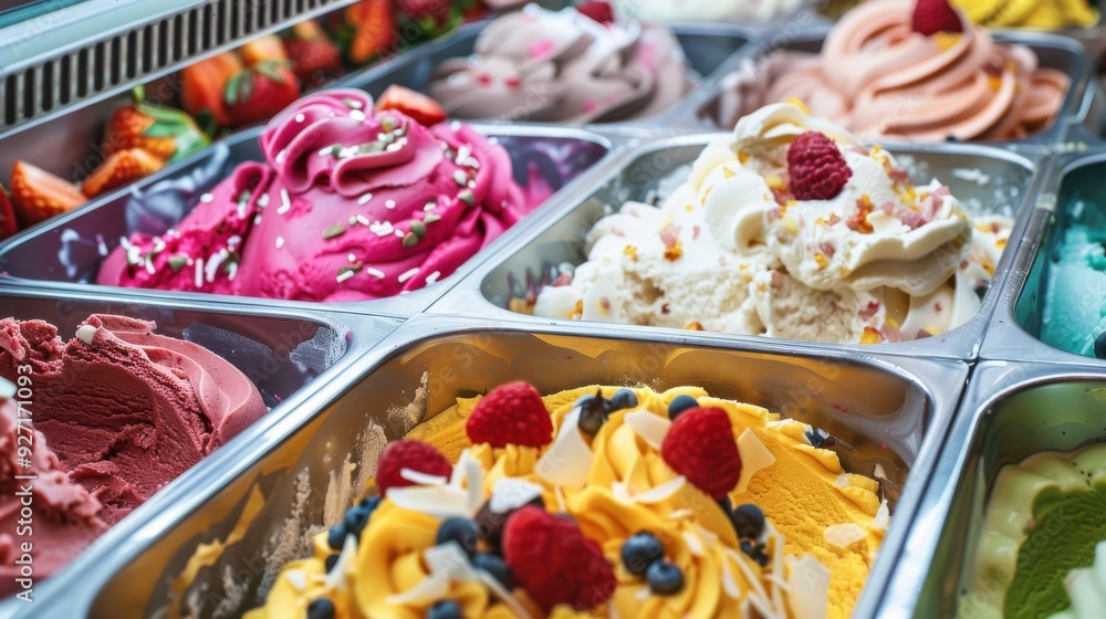 A close-up shot of a metal case filled with six different flavors of ice cream. The case is lined with stainless steel and each scoop of ice cream is displayed in its own individual container. Some of A close-up shot of a metal case filled with six different flavors of ice cream. The case is lined with stainless steel and each scoop of ice cream is displayed in its own individual container. Some of