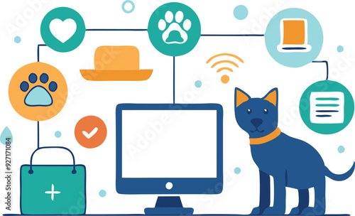 A dog stands next to a computer, surrounded by icons of pet care and technology tools illustrating modern veterinary services.
