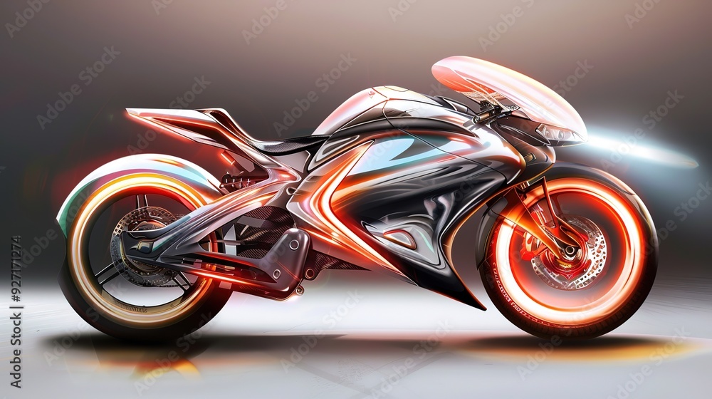 Futuristic motorcycle design with glowing wheels and sleek lines. Futuristic motorcycle design with glowing wheels and sleek lines.