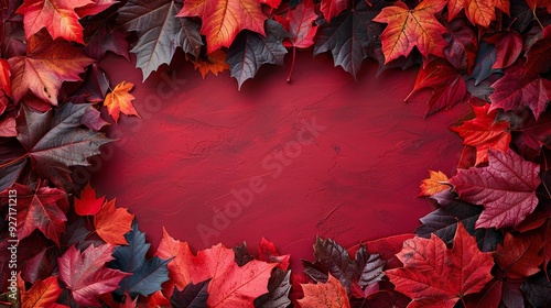 An autumn frame featuring colorful maple leaves on a red background, crafted as a Thanksgiving banner design.