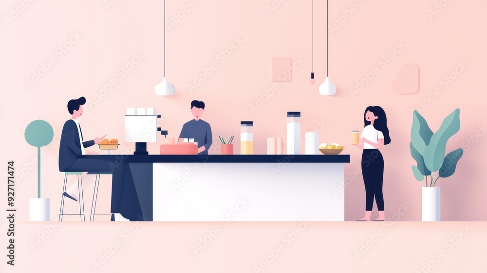 Modern Work Environment: Casual Day at a Trendy Office Kitchen, Generative Ai Modern Work Environment: Casual Day at a Trendy Office Kitchen, Generative Ai