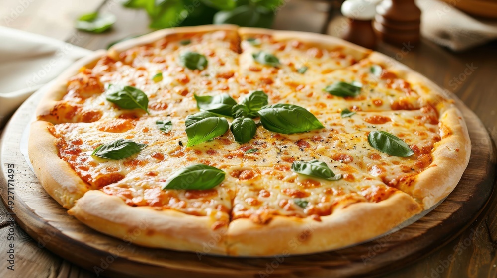 A freshly baked cheese pizza with basil leaves on top, sitting on a wooden board. The pizza is cut into slices and the cheese is melted and bubbly. The crust is golden brown and the pizza looks delici A freshly baked cheese pizza with basil leaves on top, sitting on a wooden board. The pizza is cut into slices and the cheese is melted and bubbly. The crust is golden brown and the pizza looks delici