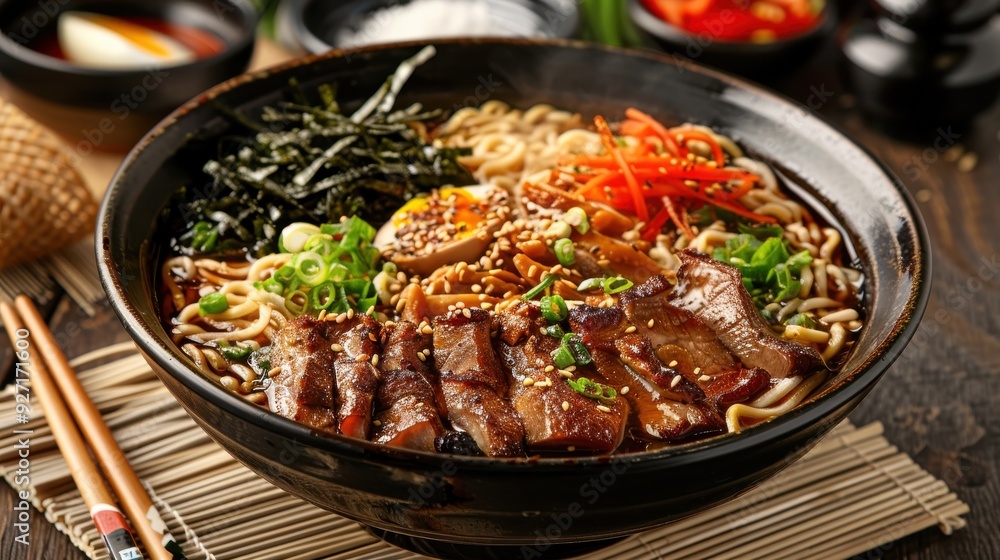A close-up image of a bowl of ramen noodles with pork, seaweed, and other toppings. The ramen is in a black bowl, and the image is taken from a slightly above angle. Chopsticks are also visible in the A close-up image of a bowl of ramen noodles with pork, seaweed, and other toppings. The ramen is in a black bowl, and the image is taken from a slightly above angle. Chopsticks are also visible in the
