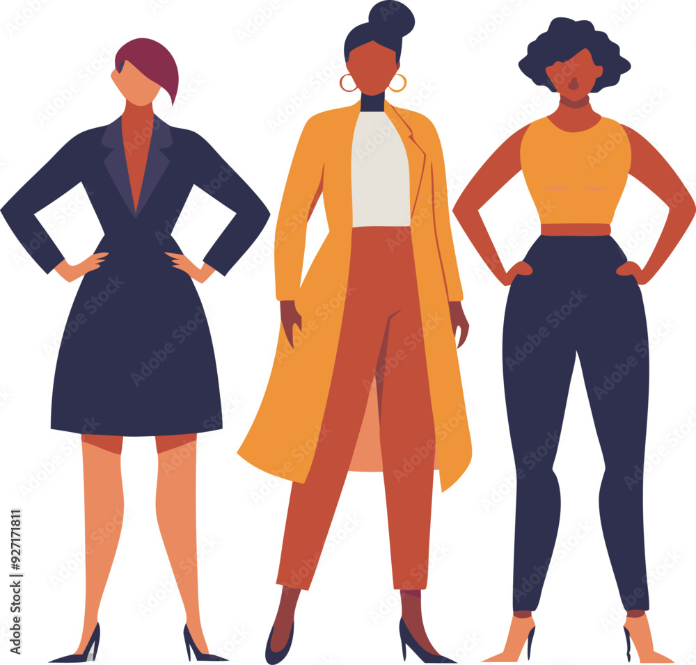 Fototapeta premium Three women stand proudly in stylish outfits, showcasing confidence and modern fashion.