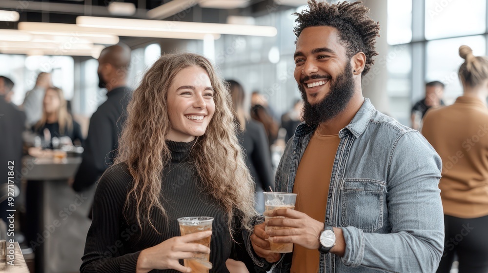 Vibrant After-Hours Gathering in Stylish Office Lounge with Colleagues Enjoying Music, Drinks, and Conversation, Generative Ai