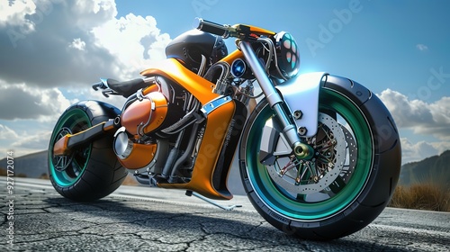 Futuristic orange motorcycle with green rims parked on asphalt road. photo