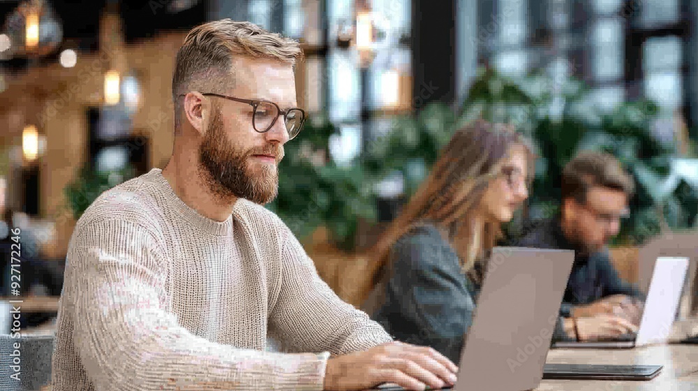 Dynamic Workspace with Employees Using Laptops in a Modern Open-Plan Office, Generative Ai Dynamic Workspace with Employees Using Laptops in a Modern Open-Plan Office, Generative Ai