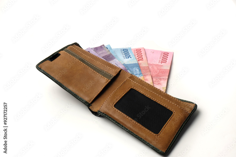 Men's wallet with banknotes. Canvas wallet with rupiah notes. Men's wallet with banknotes. Canvas wallet with rupiah notes.