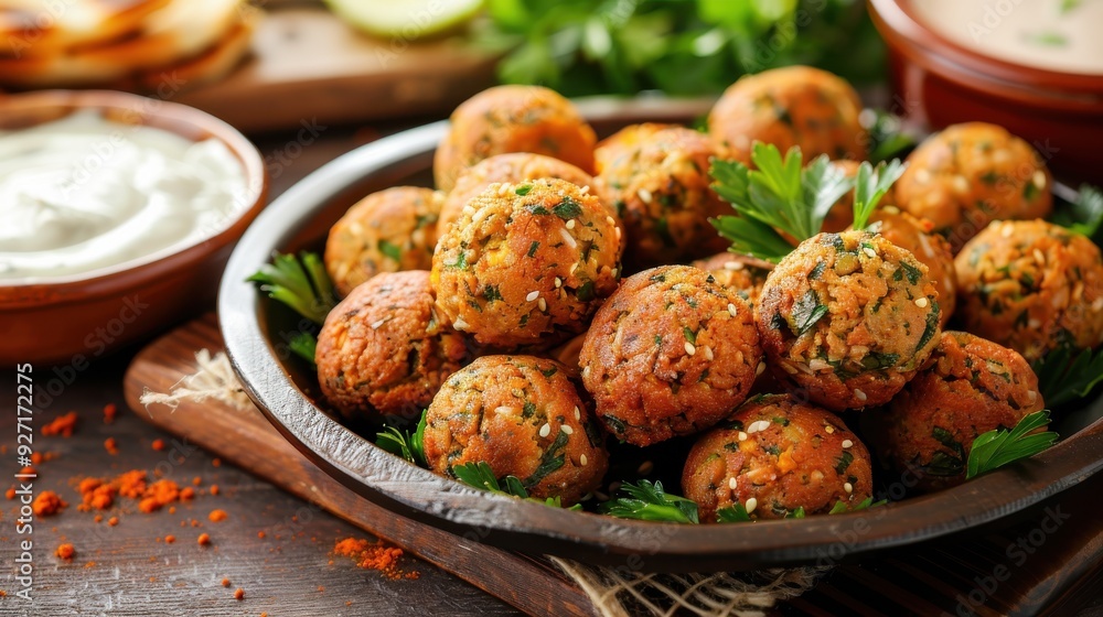 A close-up view of a plate of freshly fried falafel bites. The falafel is golden brown and crispy, and it is topped with fresh parsley. The falafel is served with a side of creamy yogurt sauce. A close-up view of a plate of freshly fried falafel bites. The falafel is golden brown and crispy, and it is topped with fresh parsley. The falafel is served with a side of creamy yogurt sauce.