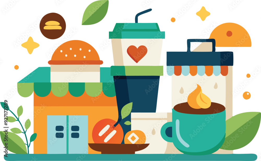 Cafe displays coffee, pastries, and nature elements . Cafe displays coffee, pastries, and nature elements .