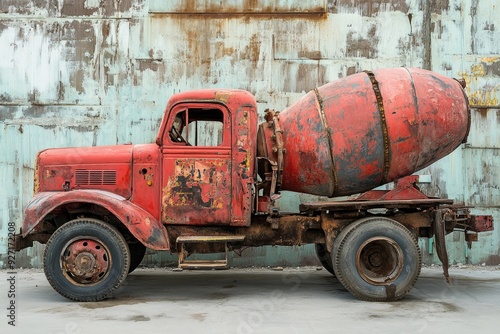 Old red cement mixer truck parked. This image depicts the process of construction and can be used for vintage projects.