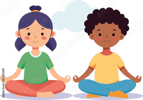 Two children meditating peacefully with soft clouds above them.