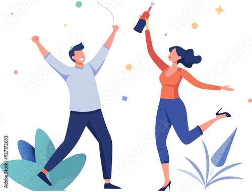 Two Friends Celebrate, Pop Champagne and Enjoy a Festive Moment Together.