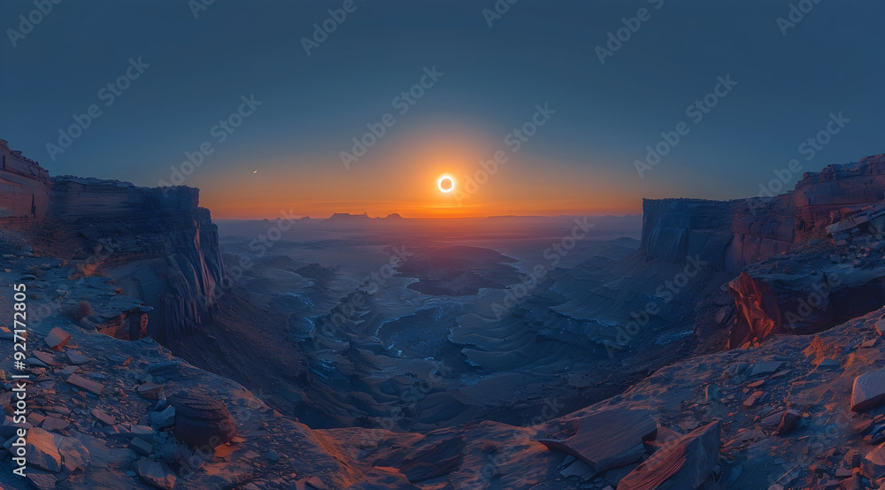 Naklejka premium Mountain Landscape with Solar Eclipse Digital Illustration