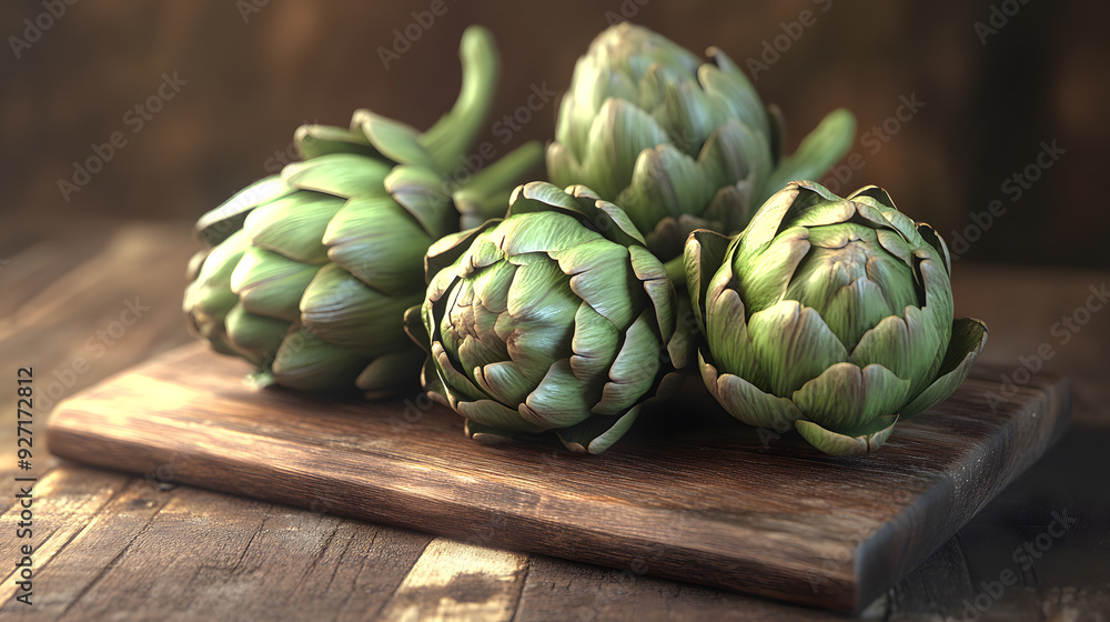 Obraz premium Fresh green artichokes, nature's healthy delight, showcased on rustic wooden backdrop