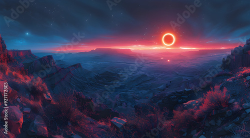Mountain Landscape with Solar Eclipse Illustration