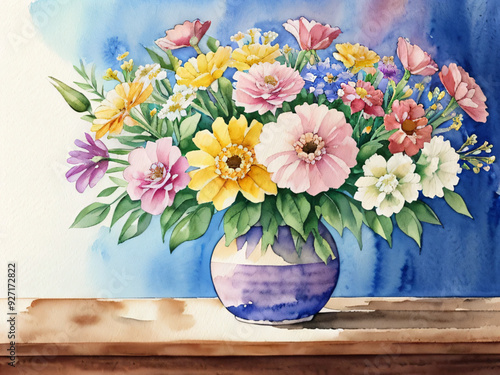 花瓶に飾られている花々　水彩画